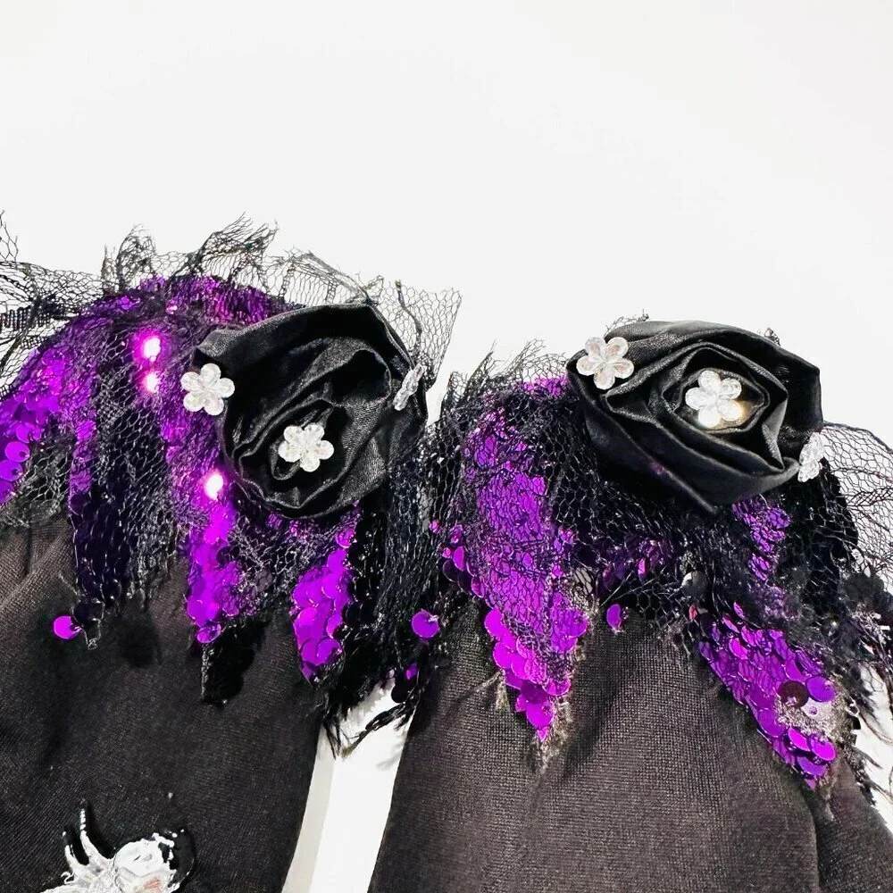Witch Gloves Black w/ Chrome Nails, Spider Rings & Purple Sequins Costume - Picture 4 of 5